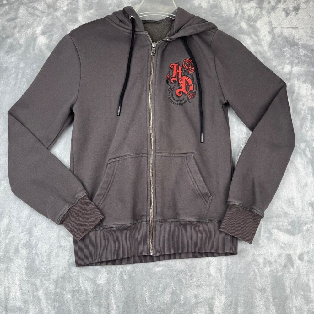 Harley Davidson Womens S Black Red Rose Full Zip Hoodie